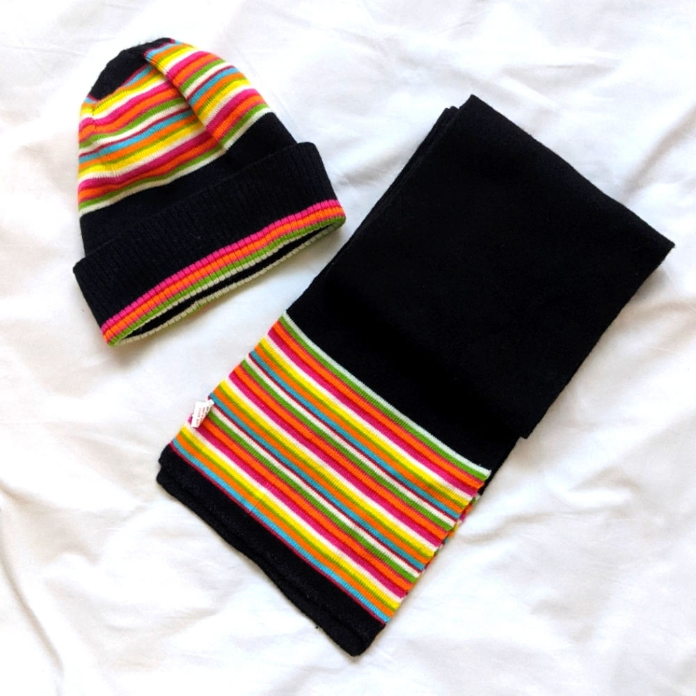 NWOT 100% Acrylic Black Hat and Scarf with Colorful Stripes